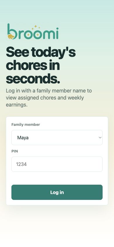 Broomi login screen on iPhone